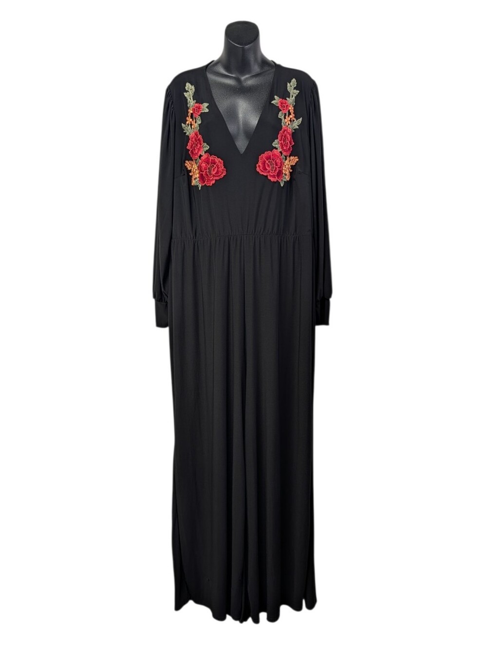 Simply Be Women's Black V-Neck Long Sleeve Wide-Leg Red Floral Jumpsuit 24 NWT